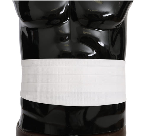 White men's cotton waist belt with a sleek design, styled as a cummerbund, by Dolce & Gabbana, shown laid flat on a neutral background.