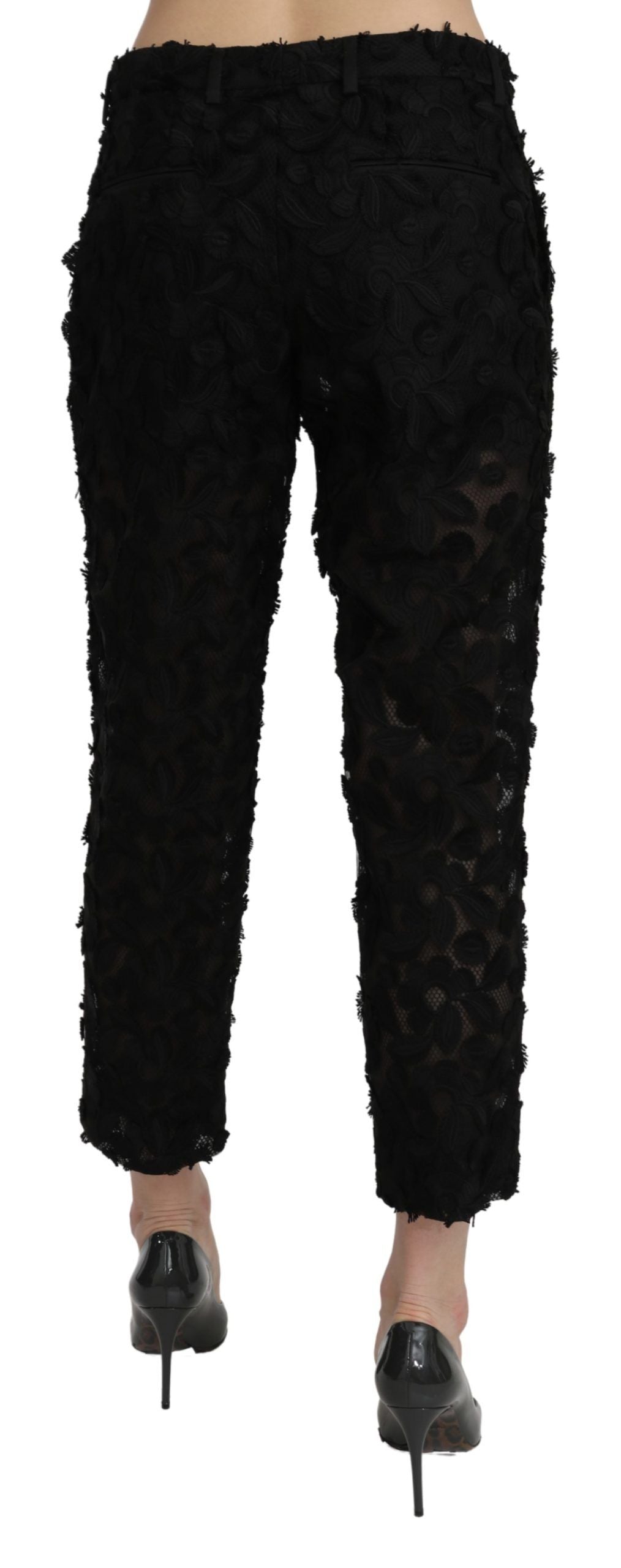 Black lace straight cropped high-waist pants by Dolce & Gabbana, featuring delicate lace fabric and tailored fit.