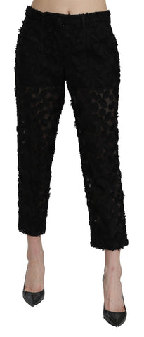 Black lace straight cropped high waist pants by Dolce & Gabbana, shown with fitted style and intricate lace details.