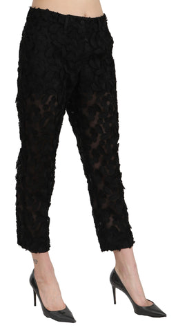 Black lace high waist cropped pants by Dolce & Gabbana featuring a straight fit and elegant lace detailing.