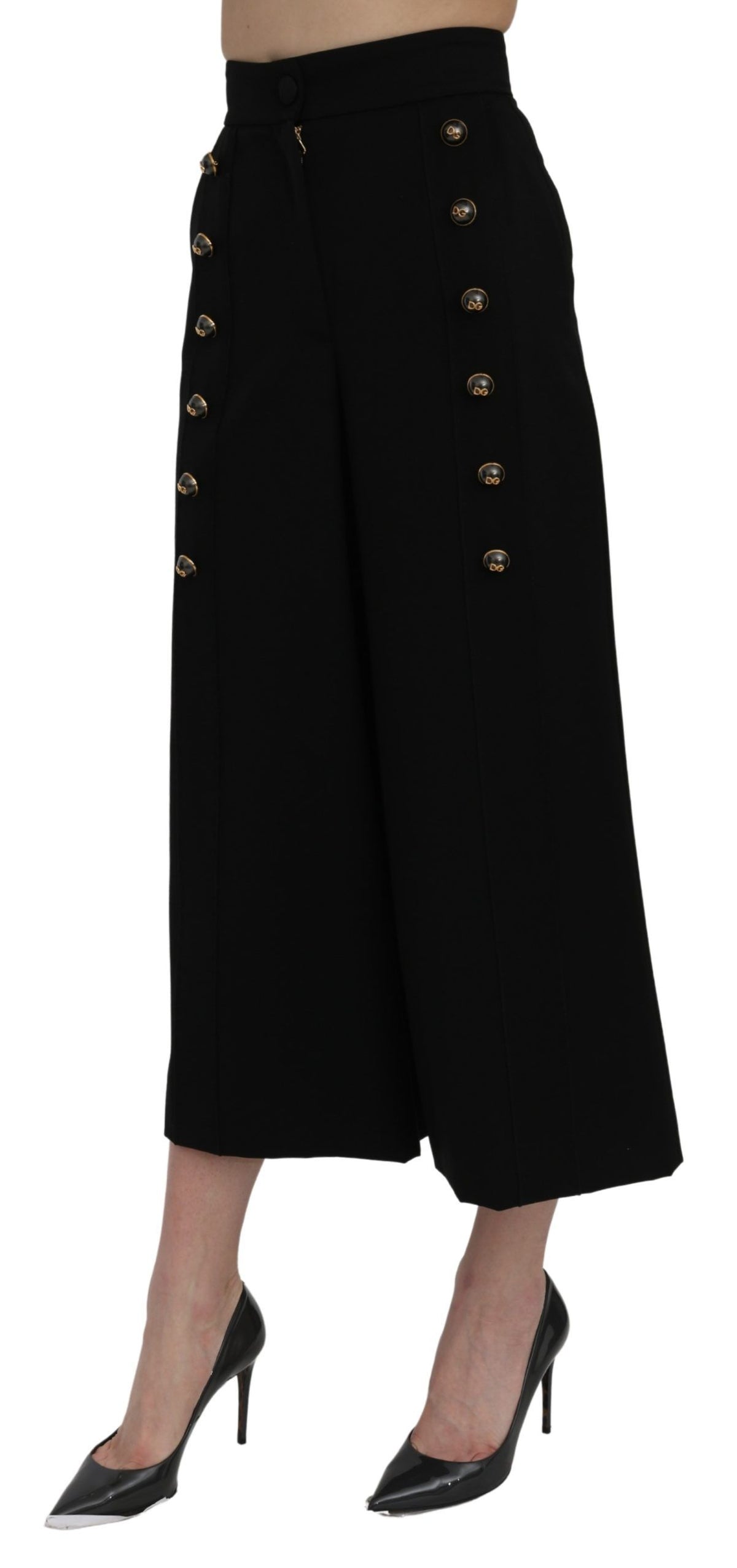 Black high waist wide-leg cropped pants by Dolce & Gabbana, shown on a model with a relaxed fit and stylish silhouette.