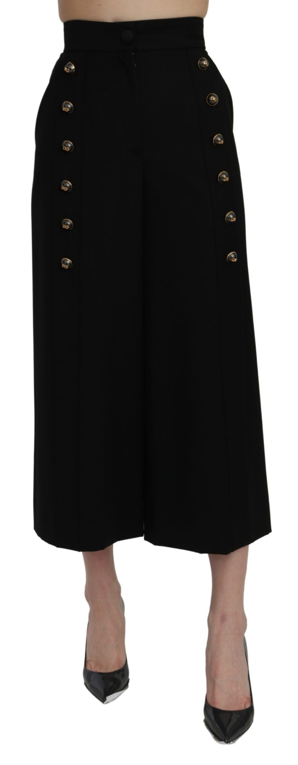 Black high waist wide-leg cropped pants by Dolce & Gabbana, shown on a model with a relaxed fit and tailored design.