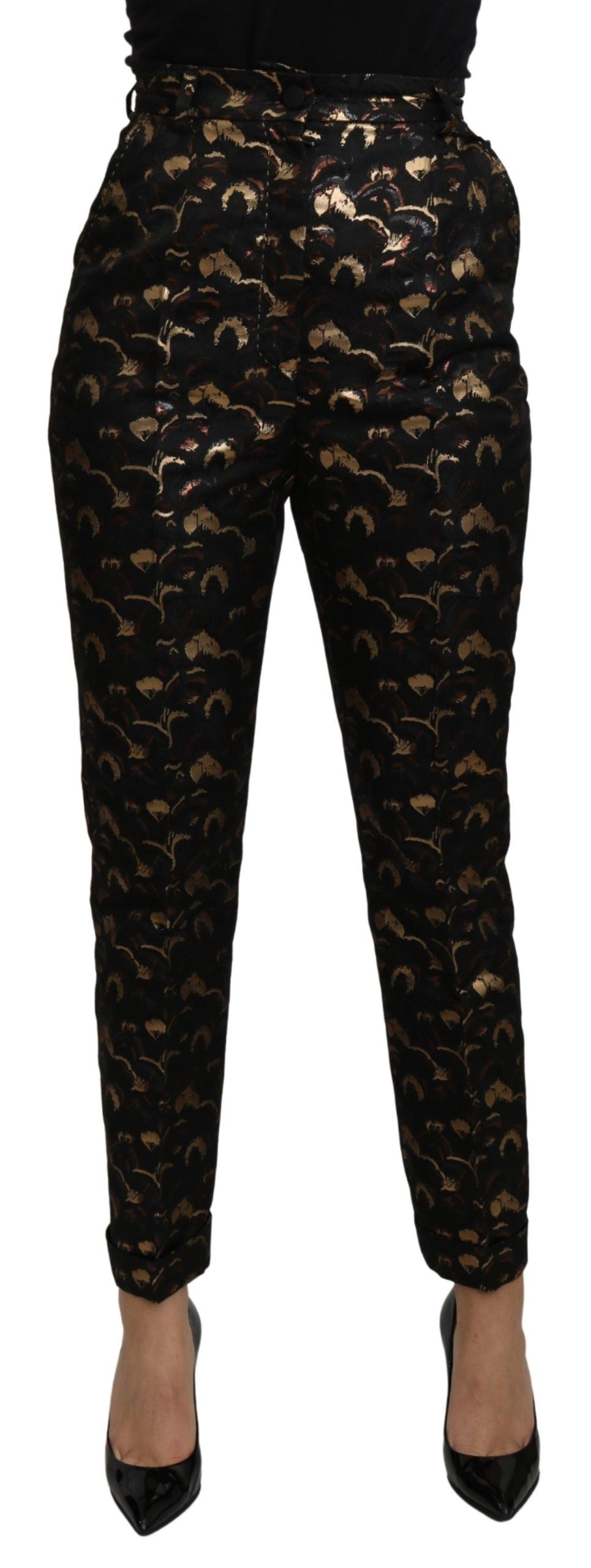 Black gold brocade high waist pants by Dolce & Gabbana, featuring luxurious fabric and elegant high-waist design.