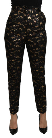 Black gold brocade high waist pants by Dolce & Gabbana, featuring luxurious fabric and elegant high-waist design.
