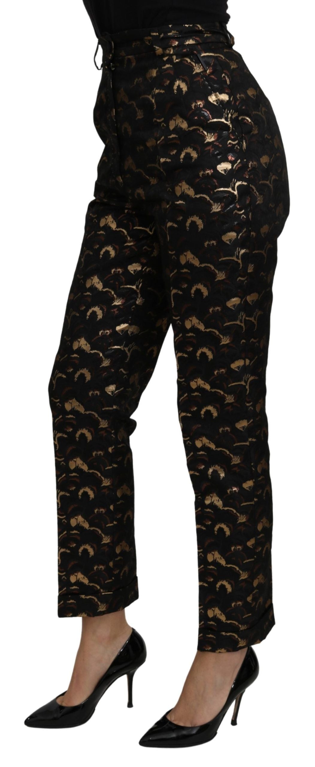 Black gold brocade high waist pants by Dolce & Gabbana, featuring intricate fabric and tailored fit.