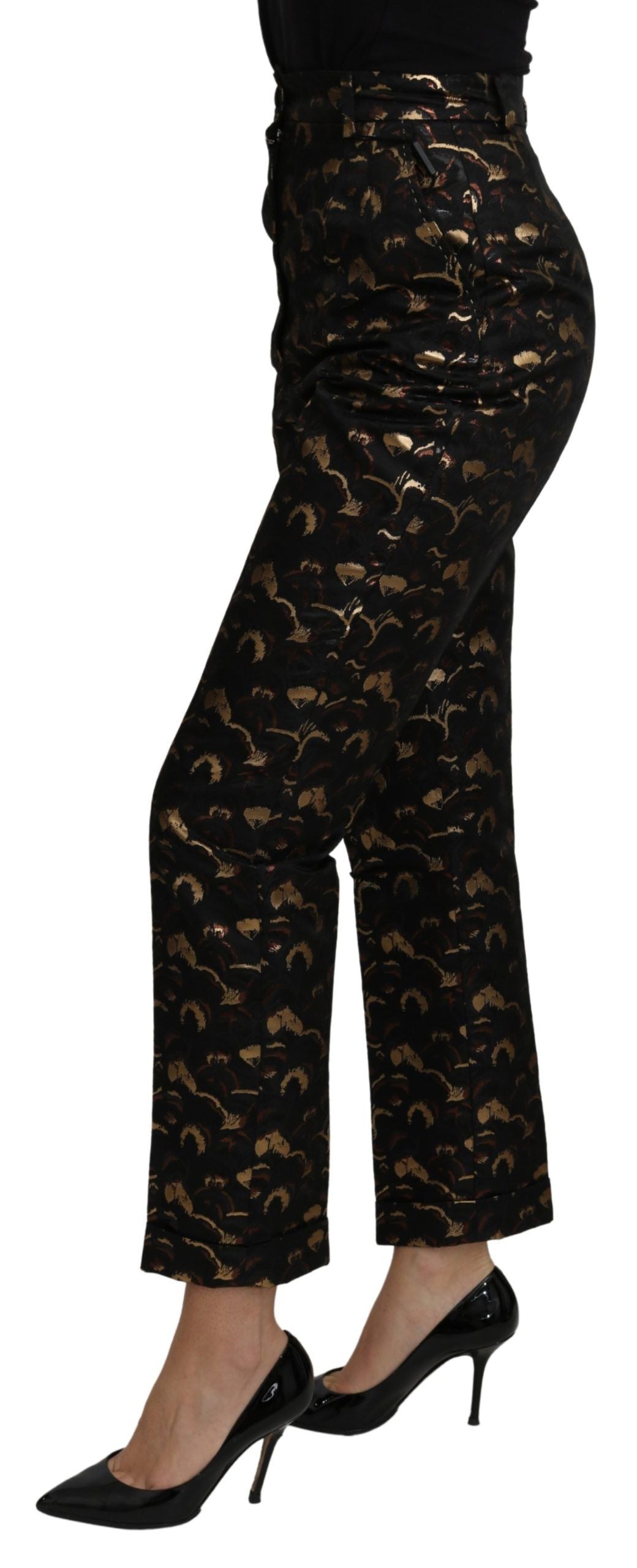 Black gold brocade high waist pants by Dolce & Gabbana with intricate floral pattern and tailored fit.