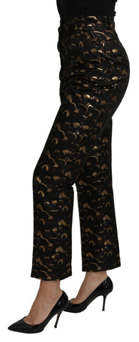 Black gold brocade high waist pants by Dolce & Gabbana with intricate floral pattern and tailored fit.