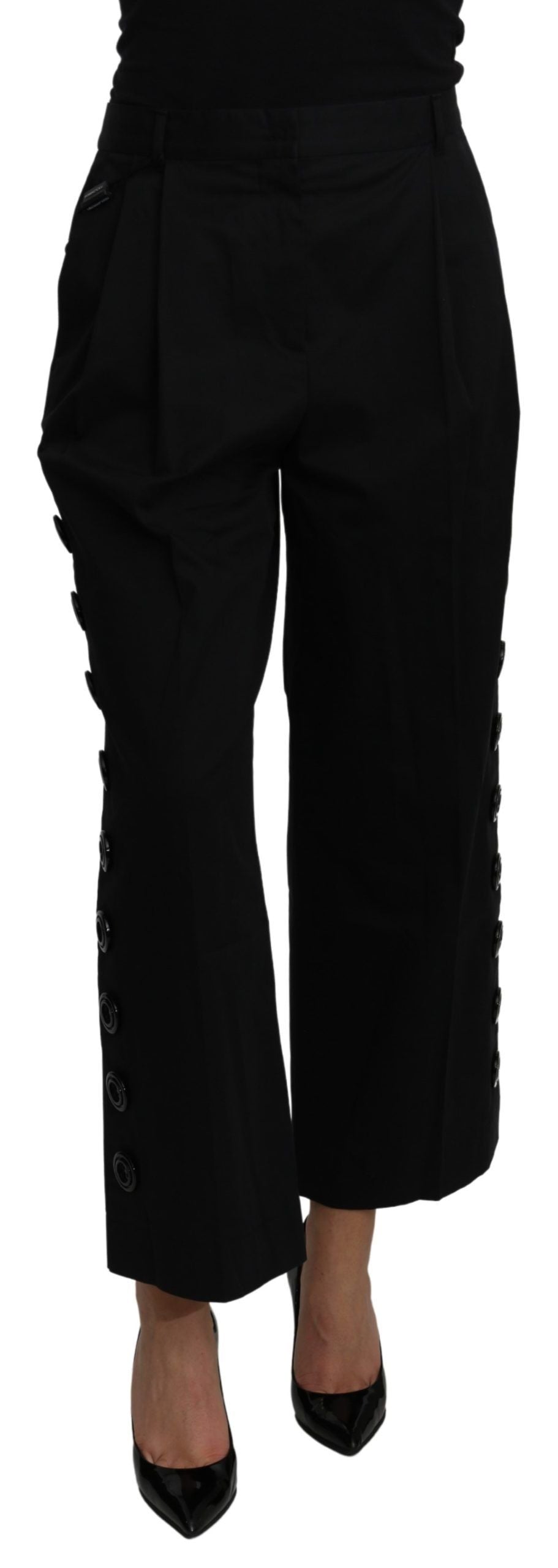 Black high waist cropped cotton stretch pants by Dolce & Gabbana, shown with a tailored fit and stylish design.