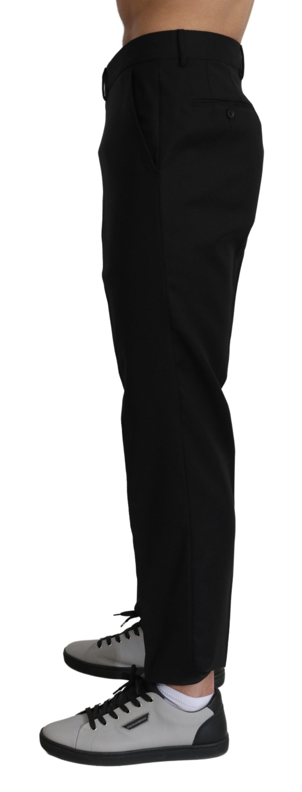 Black cotton wool formal dress pants by Dolce & Gabbana, tailored fit with classic style and sleek design.