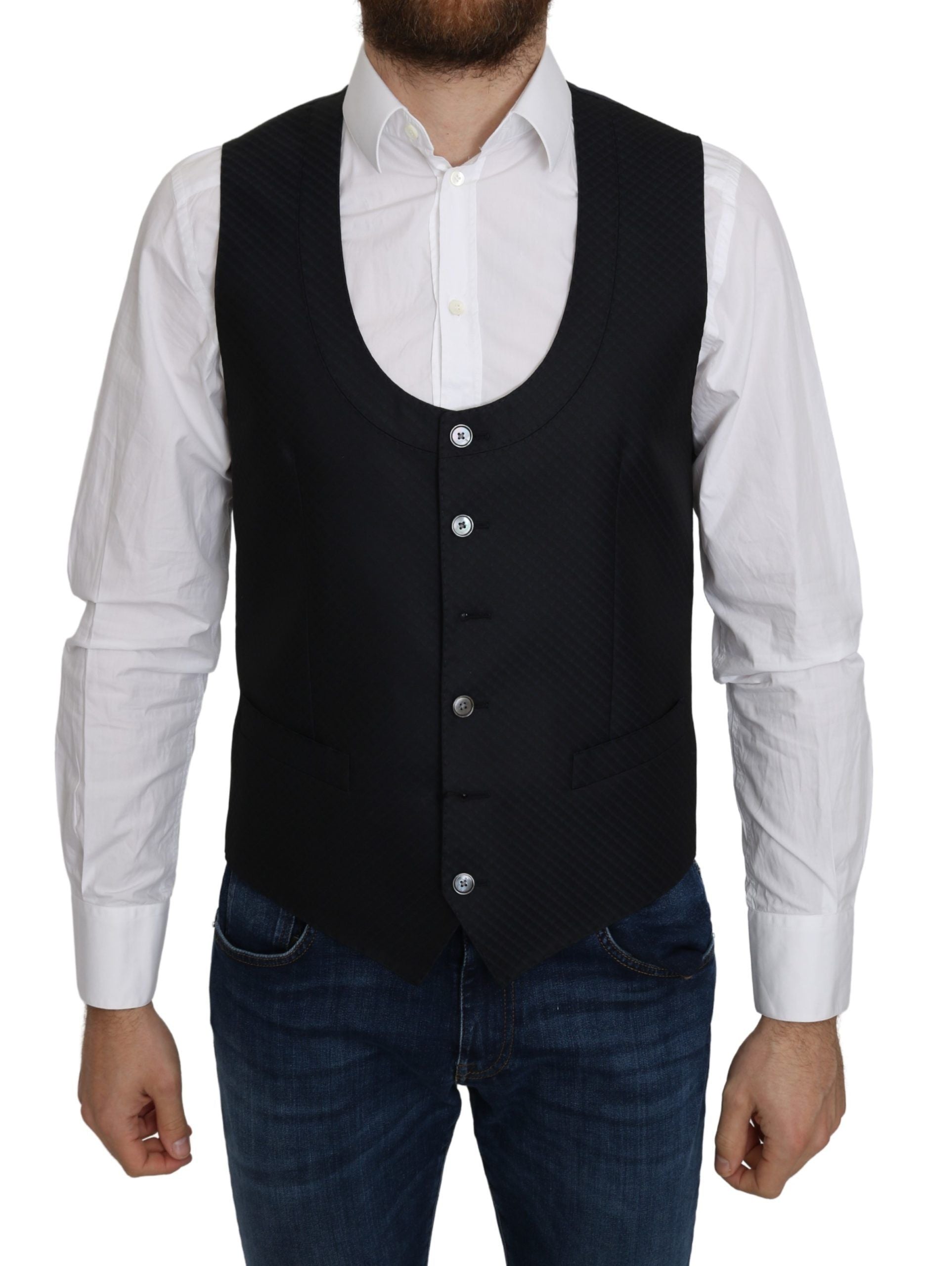 Blue silk vest with a diamond pattern, formal coat style from Dolce & Gabbana, featuring a tailored fit and elegant design.
