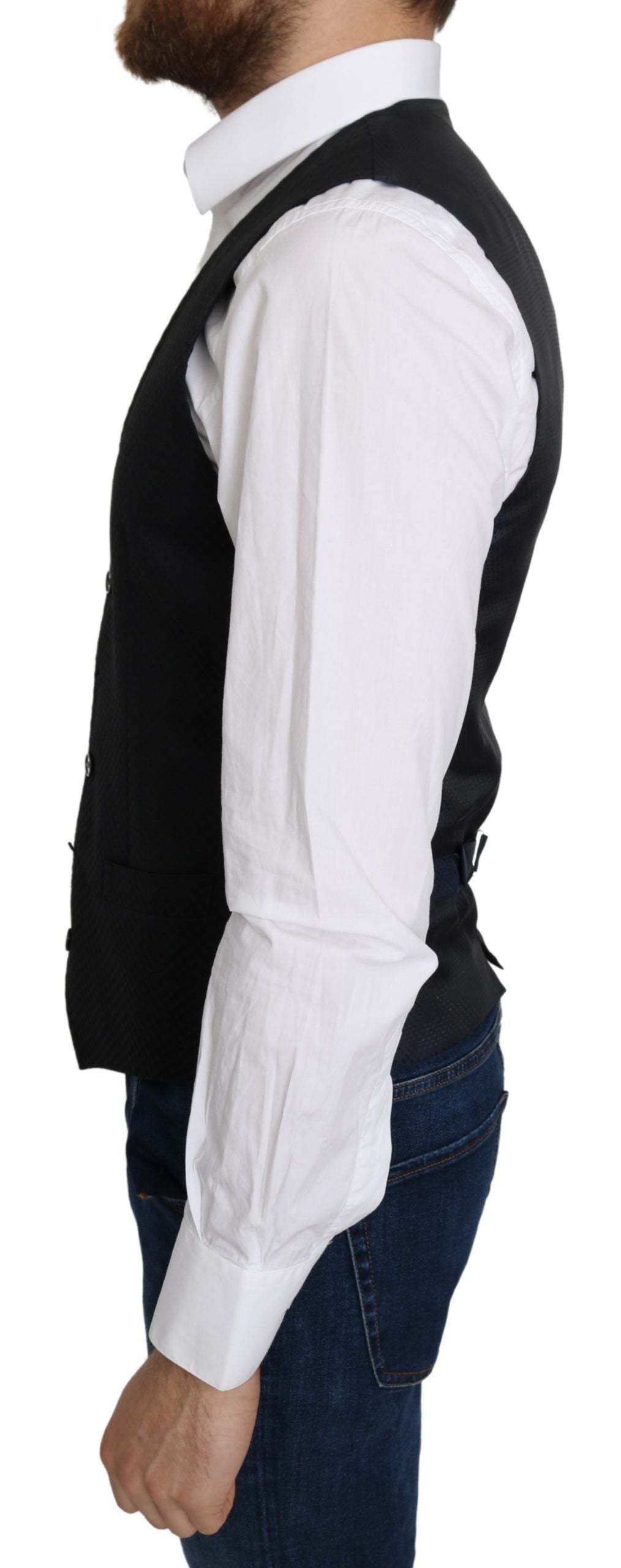 Blue silk formal coat vest with a romb pattern by Dolce & Gabbana, featuring a tailored fit and elegant design.