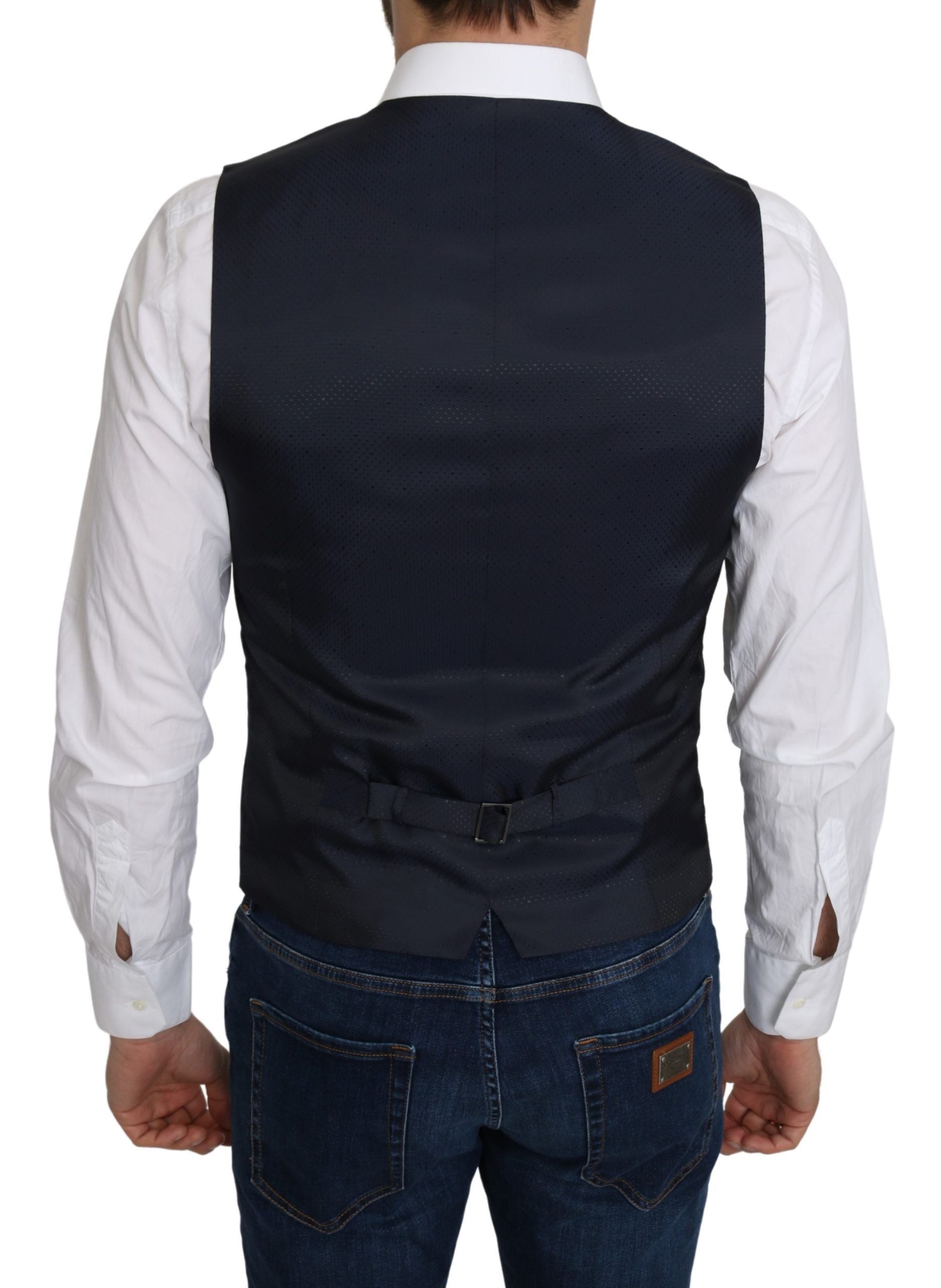 Blue silk formal coat vest with a romb pattern by Dolce & Gabbana, featuring a tailored fit and elegant design.