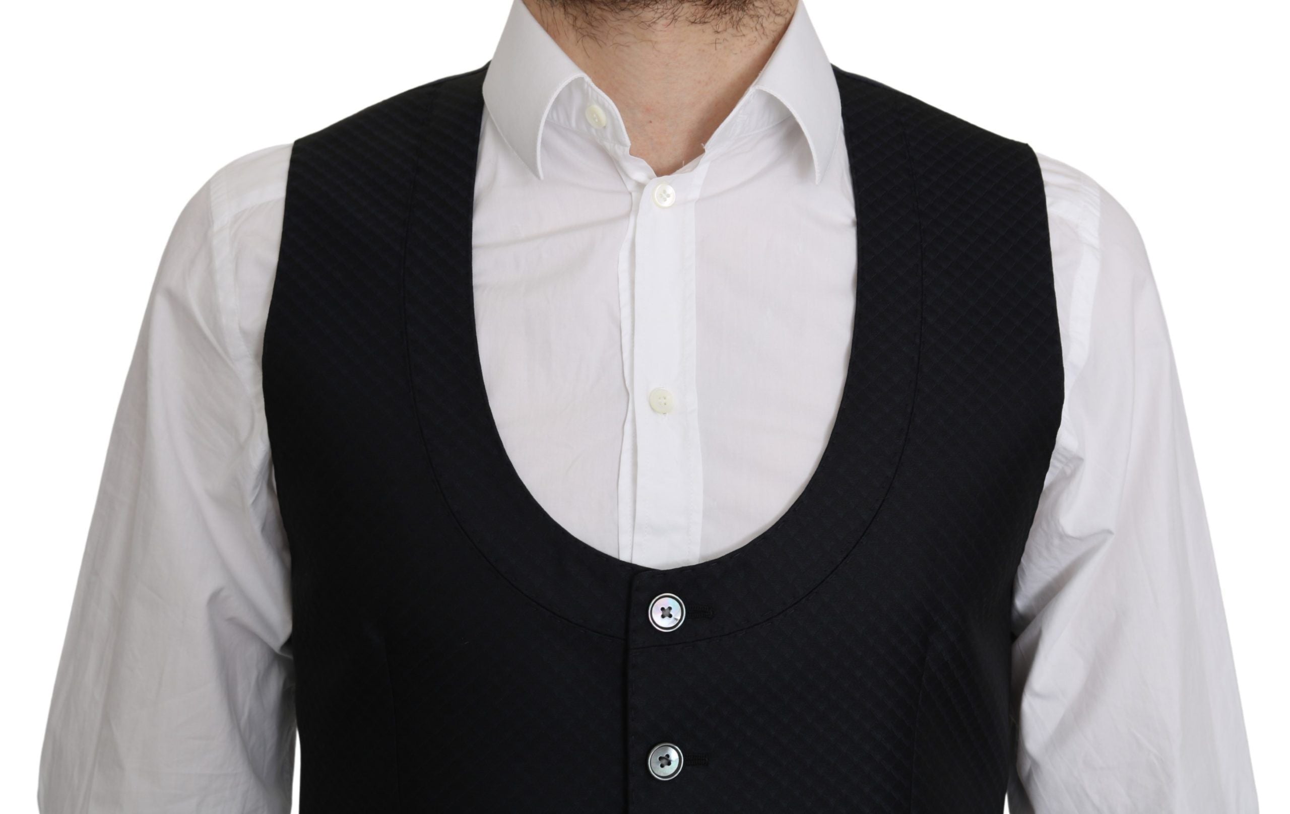 Blue silk formal coat vest with a diamond-shaped pattern from Dolce & Gabbana, featuring a tailored fit and elegant design.