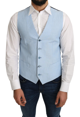 Blue viscose stretch formal coat vest by Dolce & Gabbana, featuring tailored fit and sleek design.