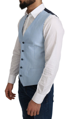 Blue viscose stretch formal coat vest by Dolce & Gabbana, featuring tailored fit and smooth fabric, shown on a hanger.