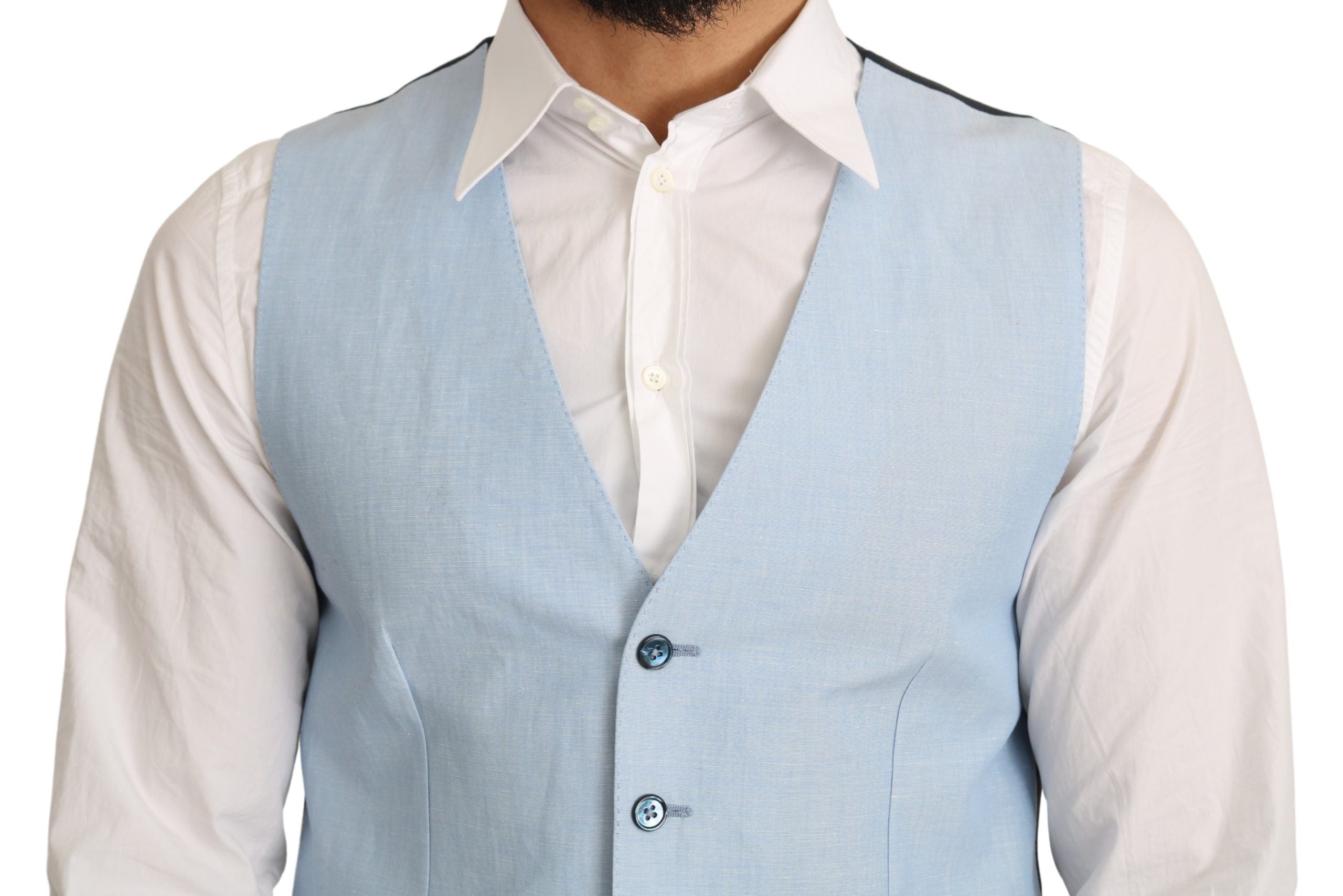 Blue viscose stretch formal coat vest by Dolce & Gabbana, featuring a tailored fit and smooth fabric.