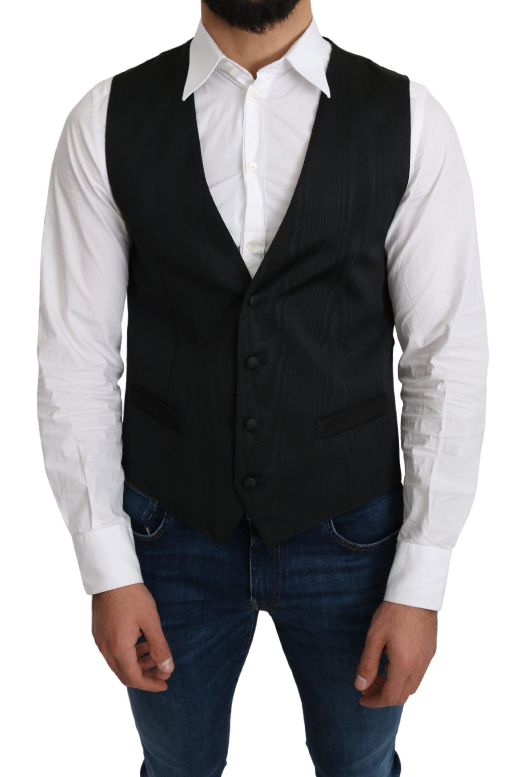 Gray 100% silk formal coat vest by Dolce & Gabbana, showcasing a tailored fit and smooth silk fabric.
