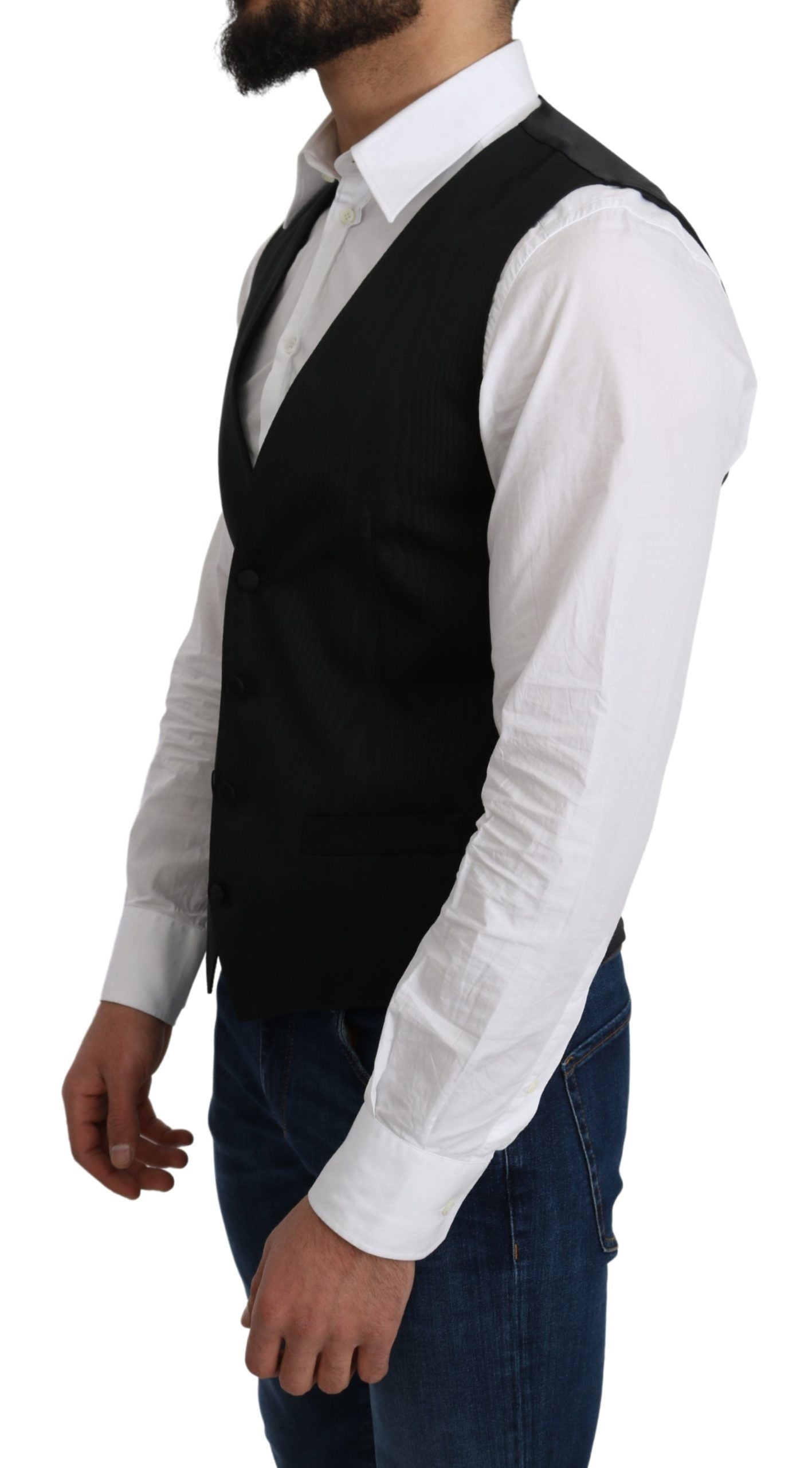 Gray 100% silk formal coat vest by Dolce & Gabbana, featuring a tailored fit and smooth silk fabric.