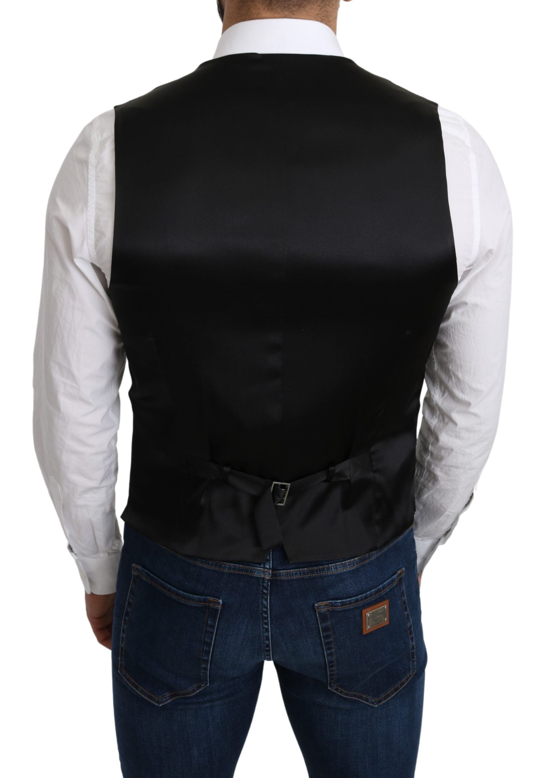 Gray 100% silk formal coat vest by Dolce & Gabbana, shown on a hanger with smooth fabric and tailored fit.