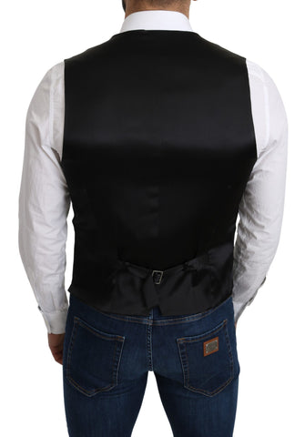 Gray 100% silk formal coat vest by Dolce & Gabbana, shown on a hanger with smooth fabric and tailored fit.