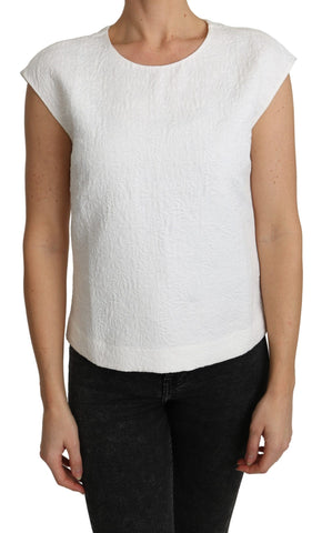 White floral brocade blouse by Dolce & Gabbana, cotton top with intricate floral pattern and elegant design.