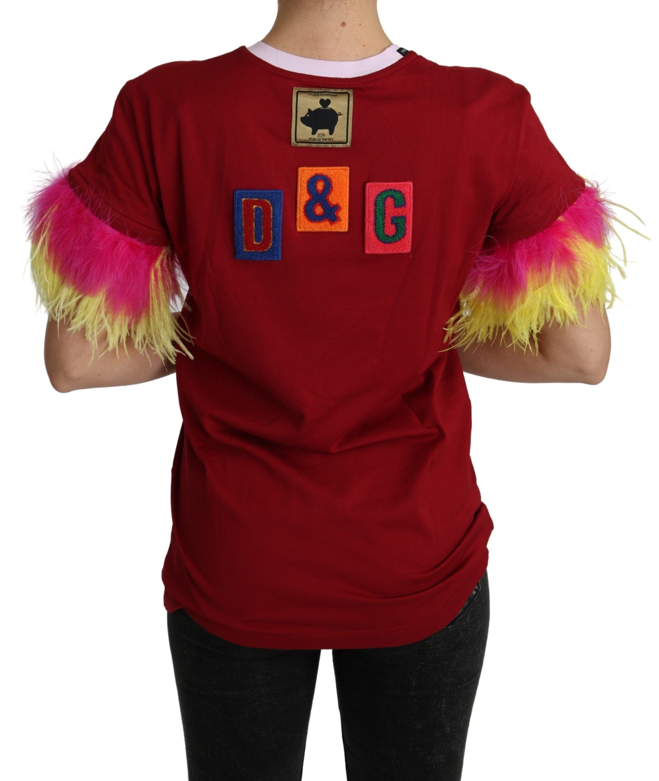 Red Dolce & Gabbana T-shirt top with pig print and feather sleeves, casual fashion top for women.