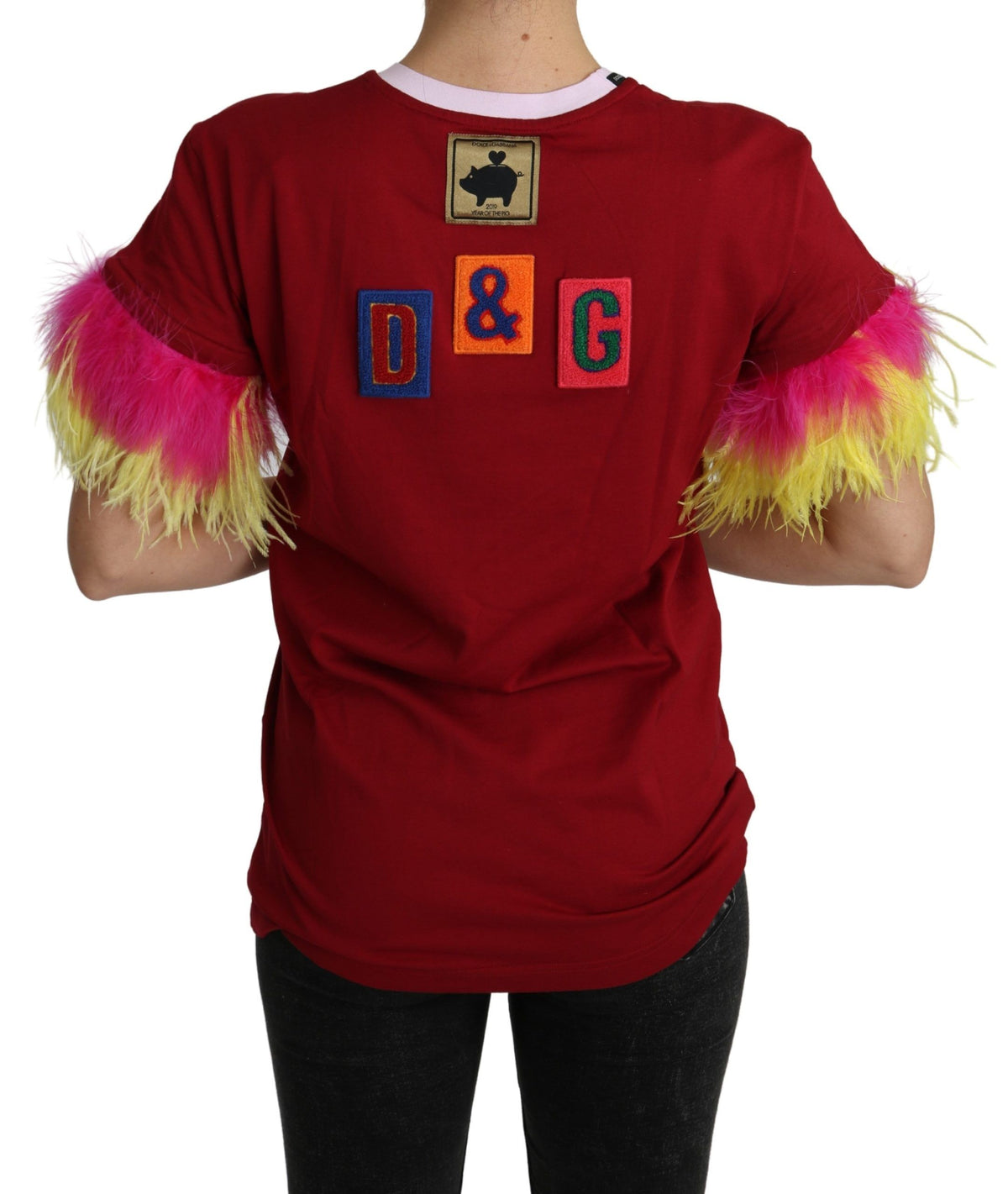 Red Dolce & Gabbana T-shirt top with pig print and feather sleeves, casual fashion top for women.