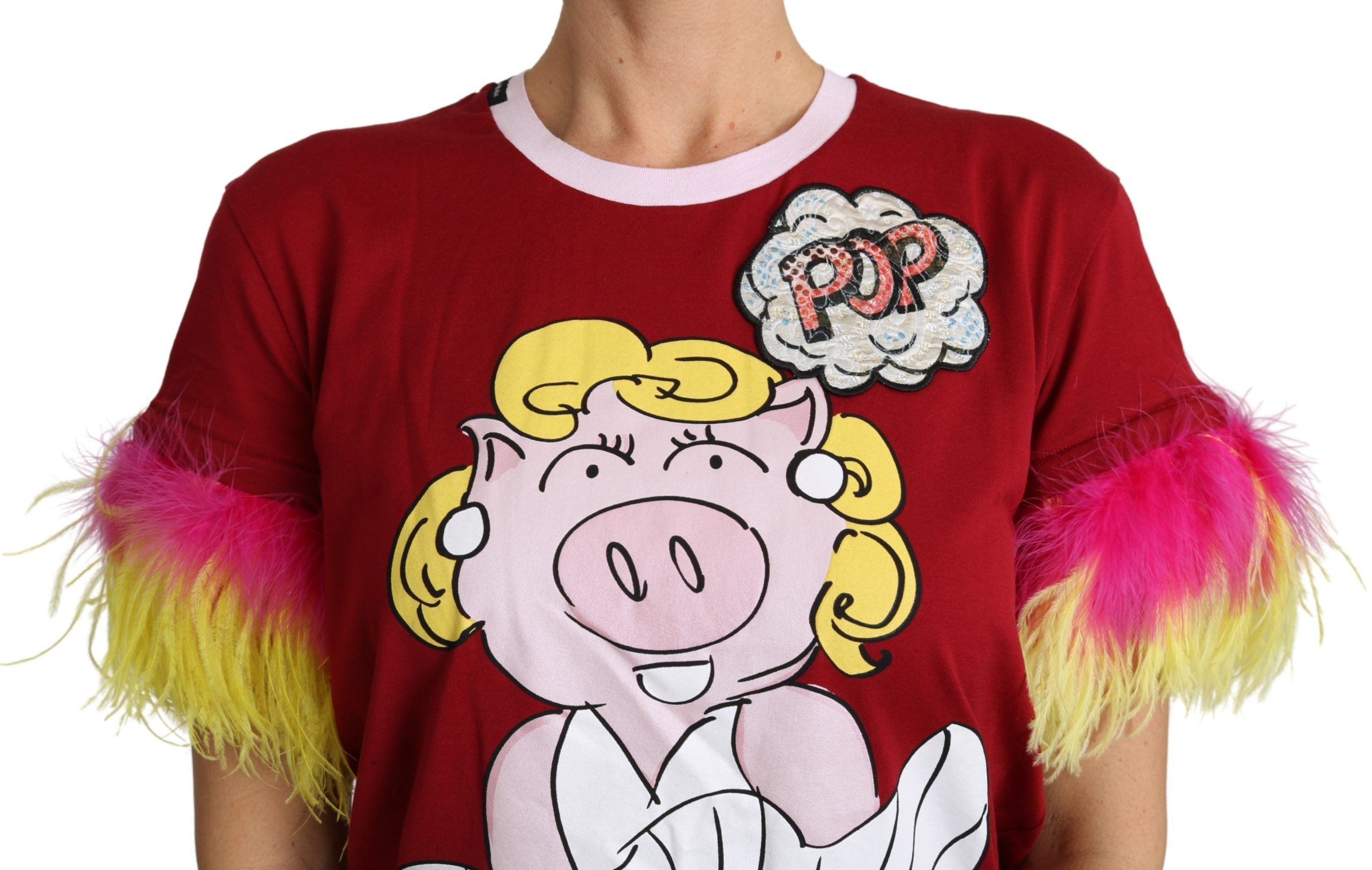 Red Dolce & Gabbana T-shirt with pig print and feather sleeves, stylish casual top for women.