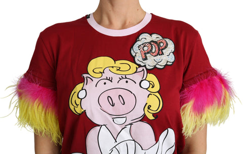 Red Dolce & Gabbana T-shirt with pig print and feather sleeves, stylish casual top for women.