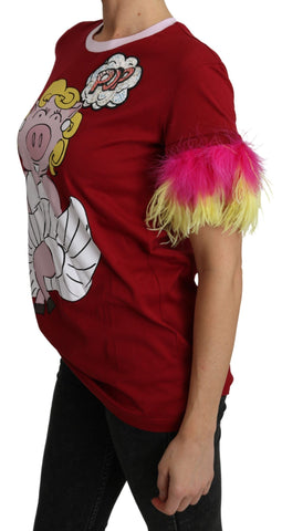 Red T-shirt top with pig print and feather sleeve details by Dolce & Gabbana, featuring a casual and stylish design.