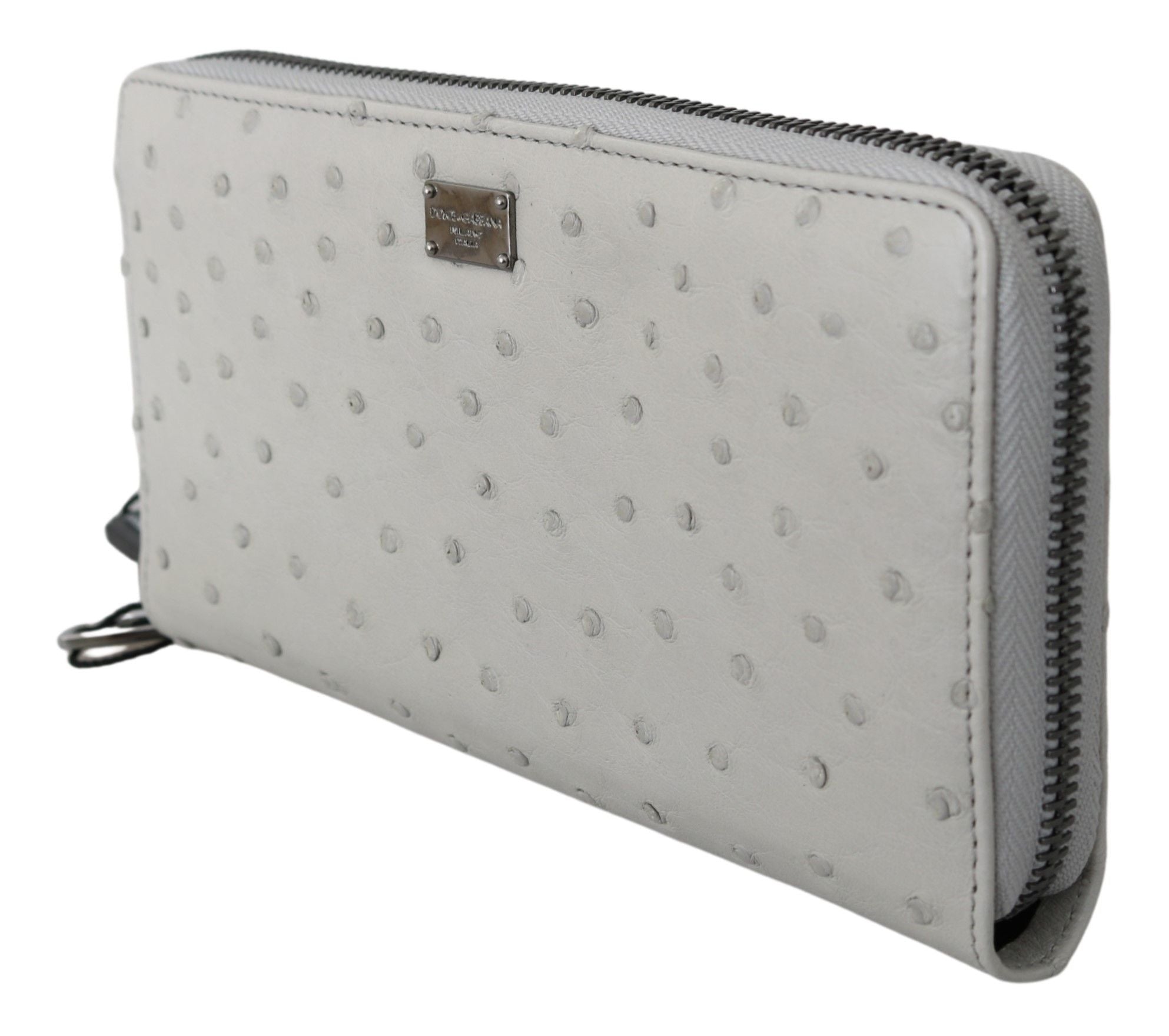 White ostrich leather men's clutch wallet by Dolce & Gabbana, featuring a sleek, textured design with multiple card slots.