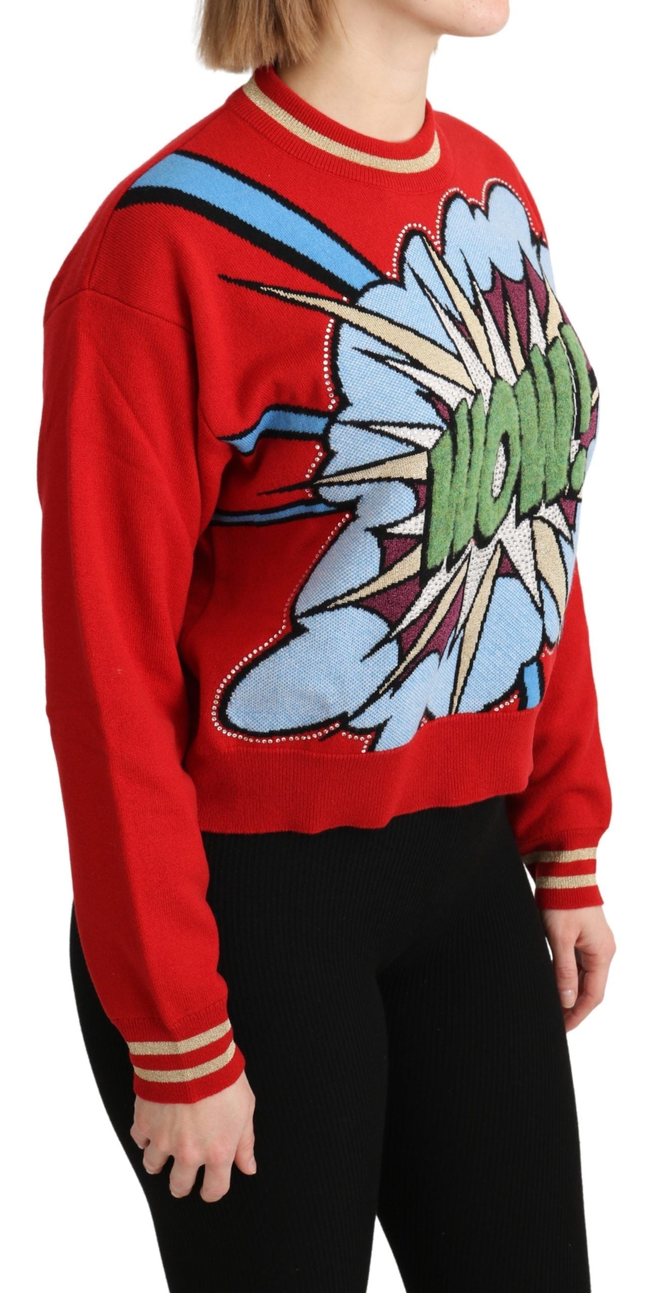 Red knitted cashmere cartoon top sweater by Dolce & Gabbana, featuring playful design and soft, cozy fabric.