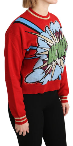 Red knitted cashmere cartoon top sweater by Dolce & Gabbana, featuring playful design and soft, cozy fabric.