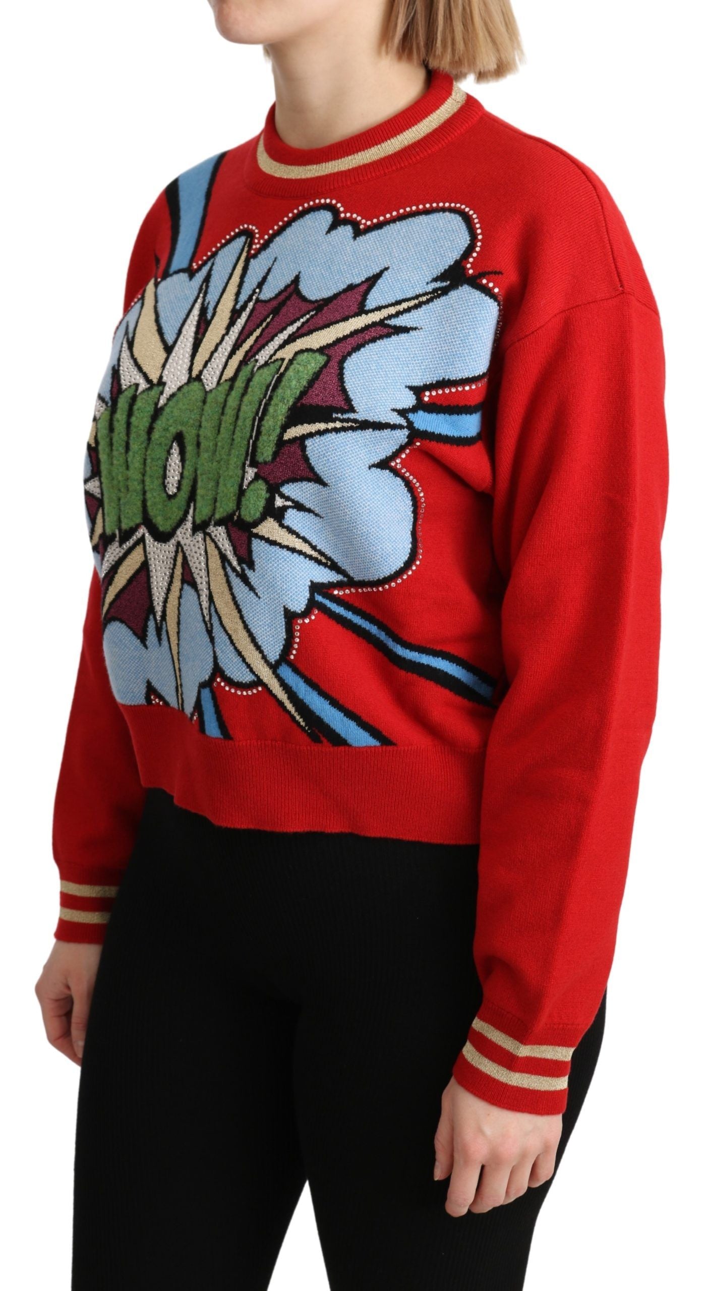 Red knitted cashmere cartoon top sweater by Dolce & Gabbana, showcasing playful design and cozy, high-quality fabric.