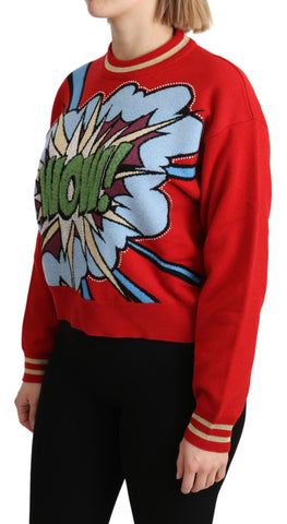 Red knitted cashmere cartoon top sweater by Dolce & Gabbana, showcasing playful design and cozy, high-quality fabric.