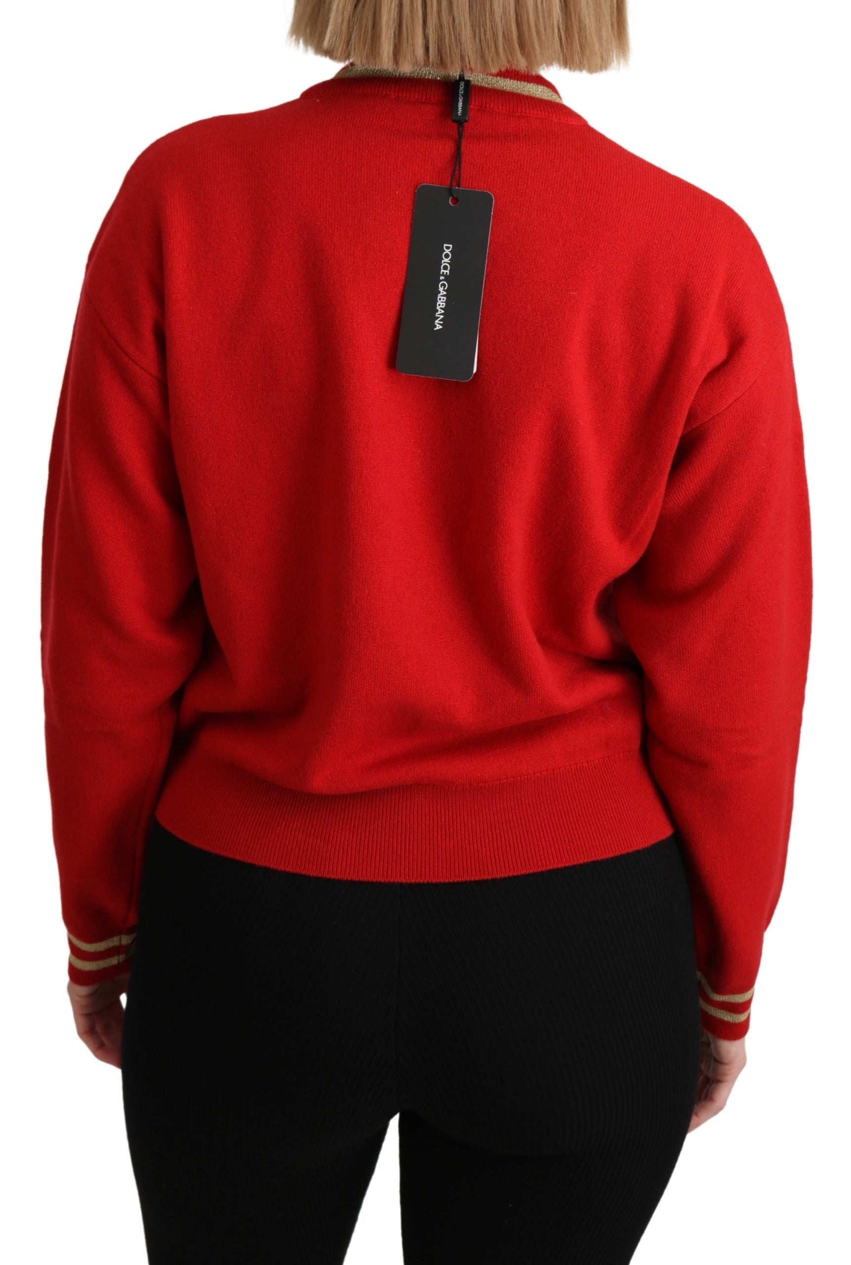 Red knitted cashmere cartoon top sweater by Dolce & Gabbana, featuring playful cartoon designs and a cozy, stylish fit.