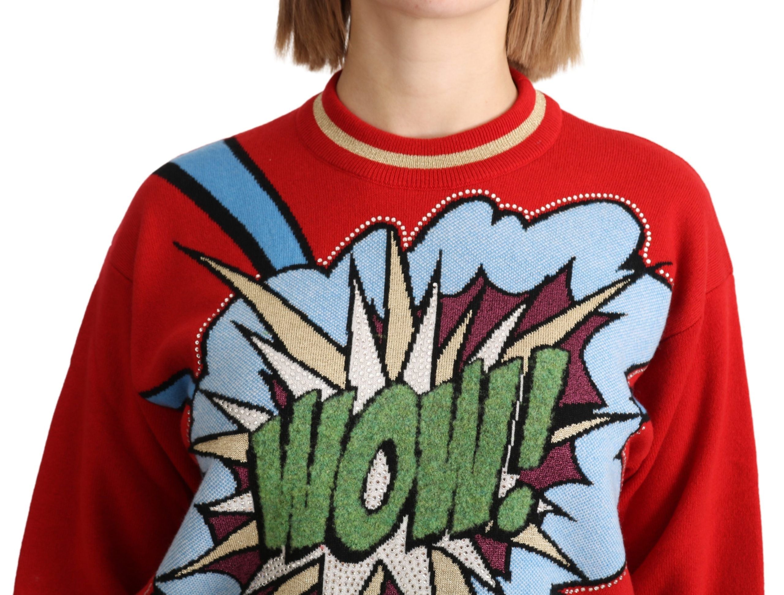 Red knitted cashmere cartoon top sweater by Dolce & Gabbana, featuring playful cartoon designs and a cozy, stylish fit.