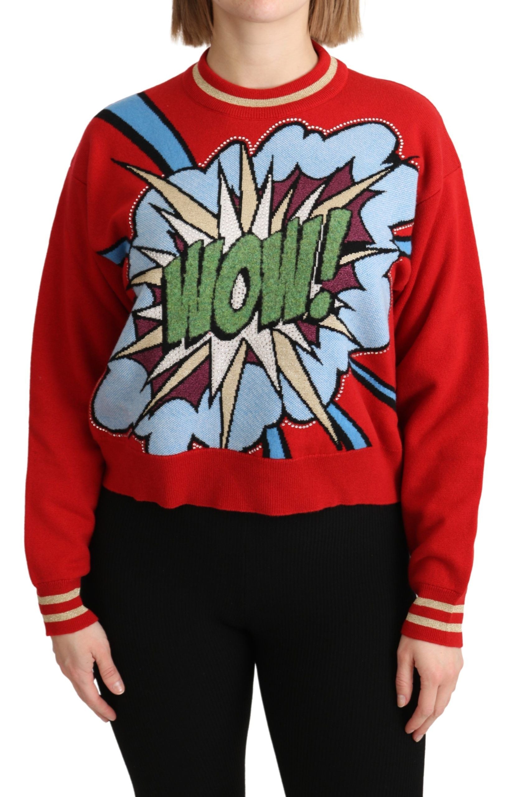 Red knitted cashmere cartoon top sweater by Dolce & Gabbana featuring playful cartoon design and cozy knit fabric.