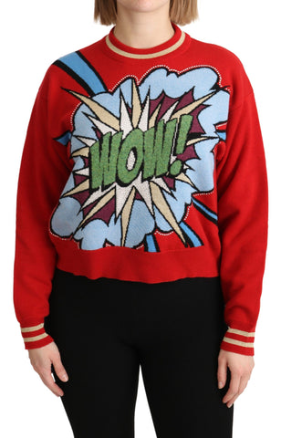 Red knitted cashmere cartoon top sweater by Dolce & Gabbana featuring playful cartoon design and cozy knit fabric.