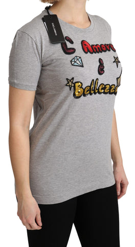Gray cotton T-shirt with Amore e Bellezza logo from Dolce & Gabbana, casual fit, shown on a neutral background.