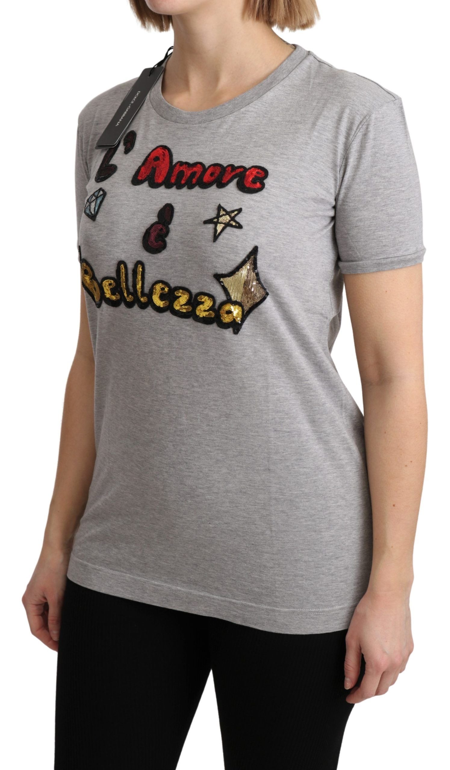 Gray cotton Amore e Bellezza T-shirt by Dolce & Gabbana, showcasing a casual fit with a printed design on front.