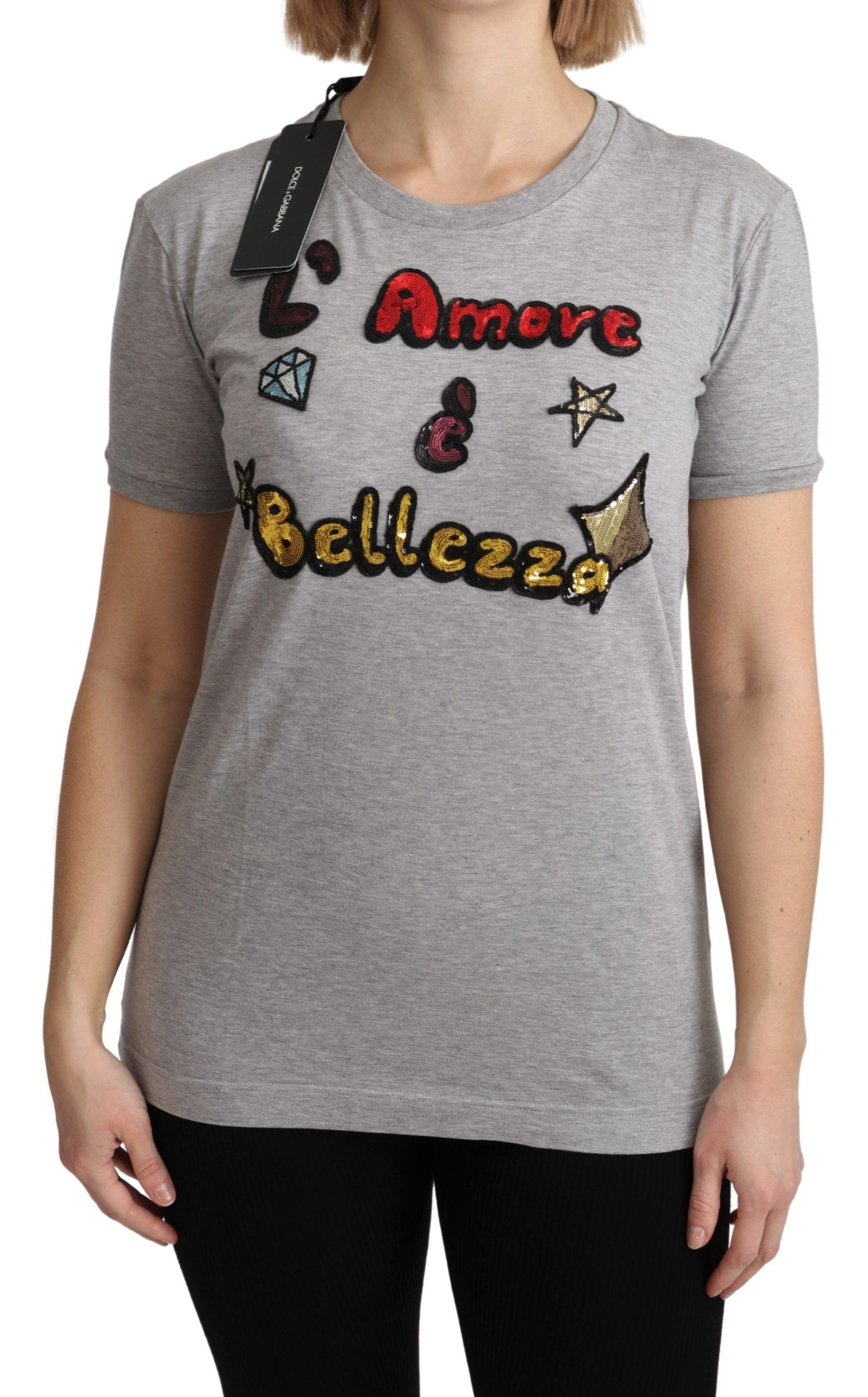 Gray cotton Amore e Bellezza T-shirt by Dolce & Gabbana, front view showing crew neck and soft fabric.