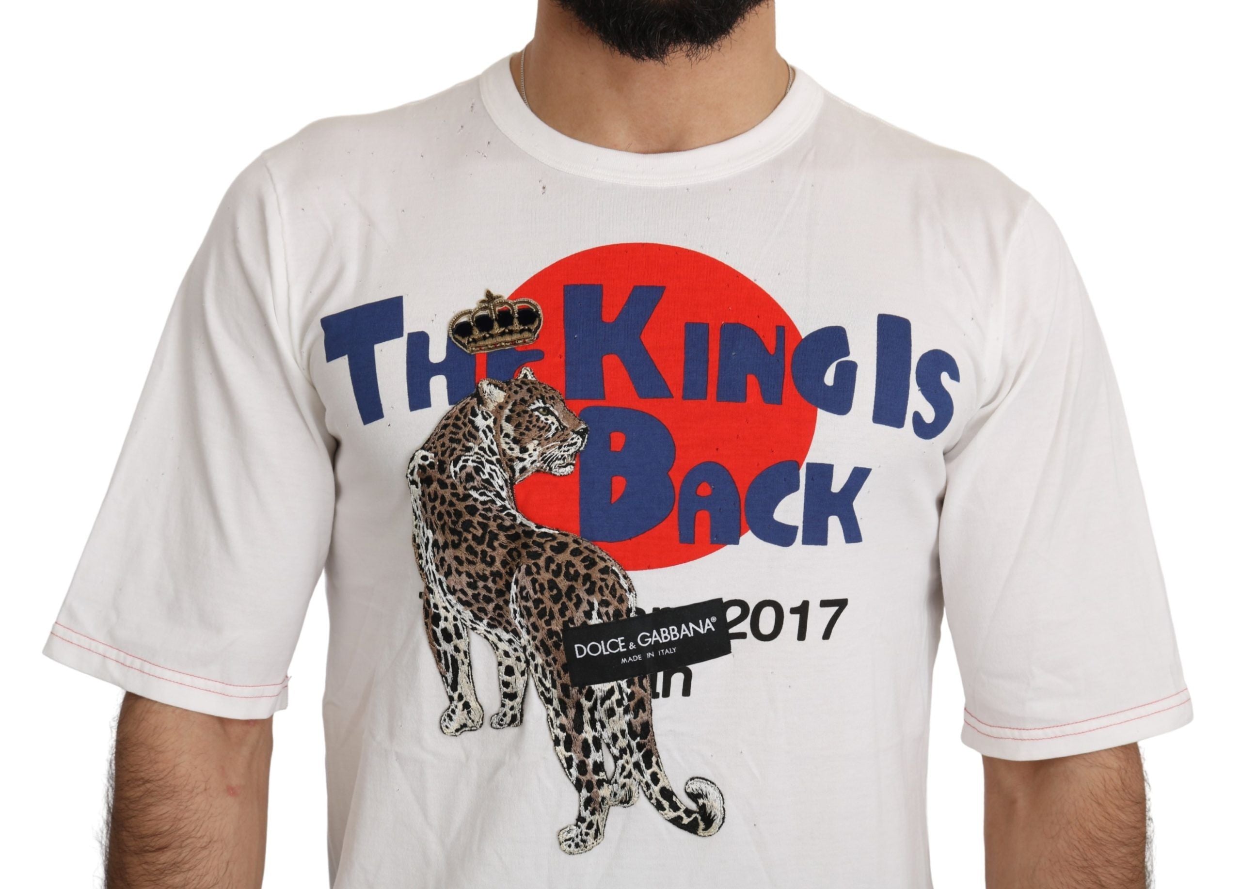 White Leopard Royal T-shirt by Dolce & Gabbana featuring a bold leopard print design on soft cotton fabric.
