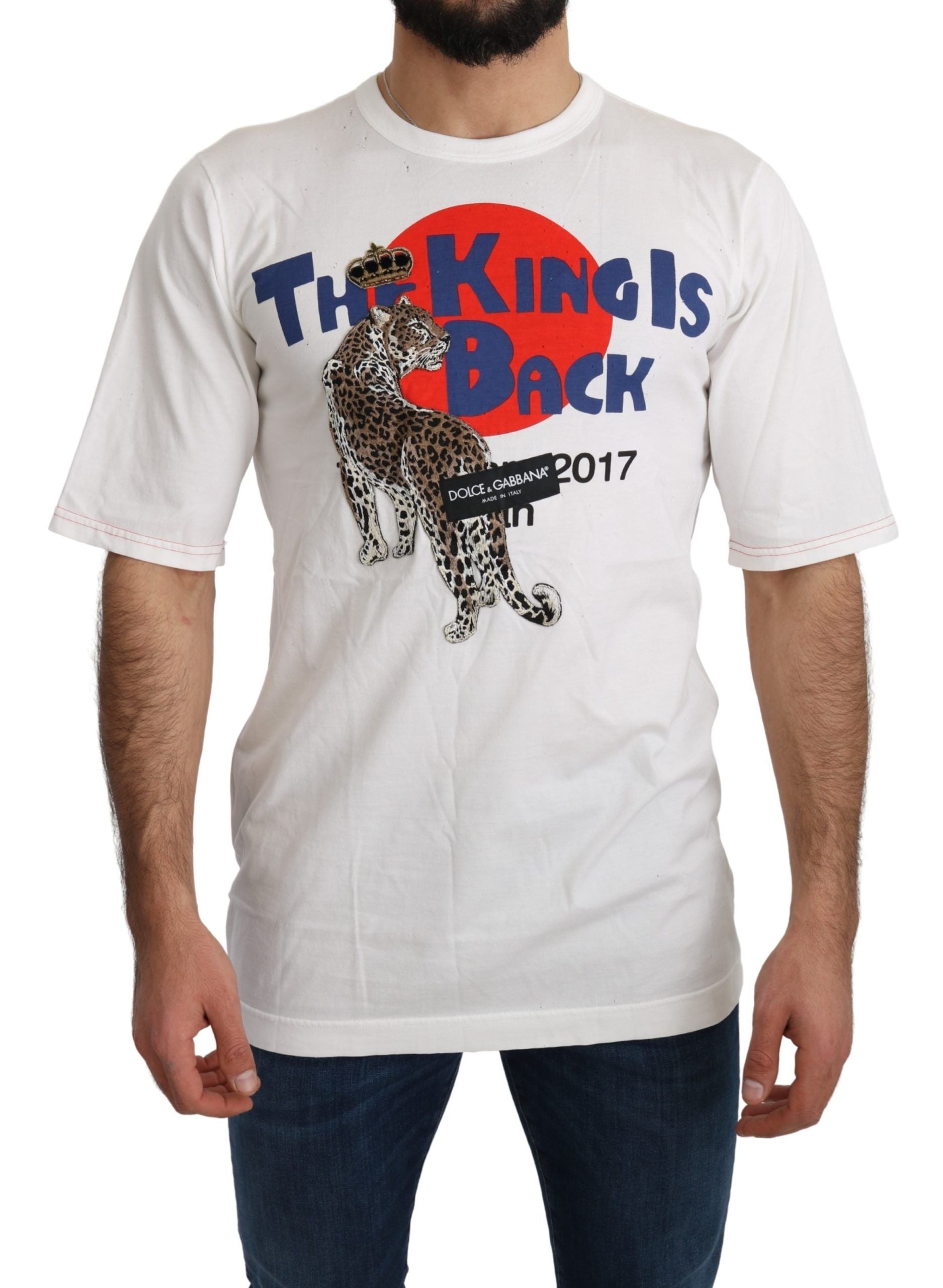White Leopard Royal T-shirt by Dolce & Gabbana featuring a bold leopard print design on soft cotton fabric.