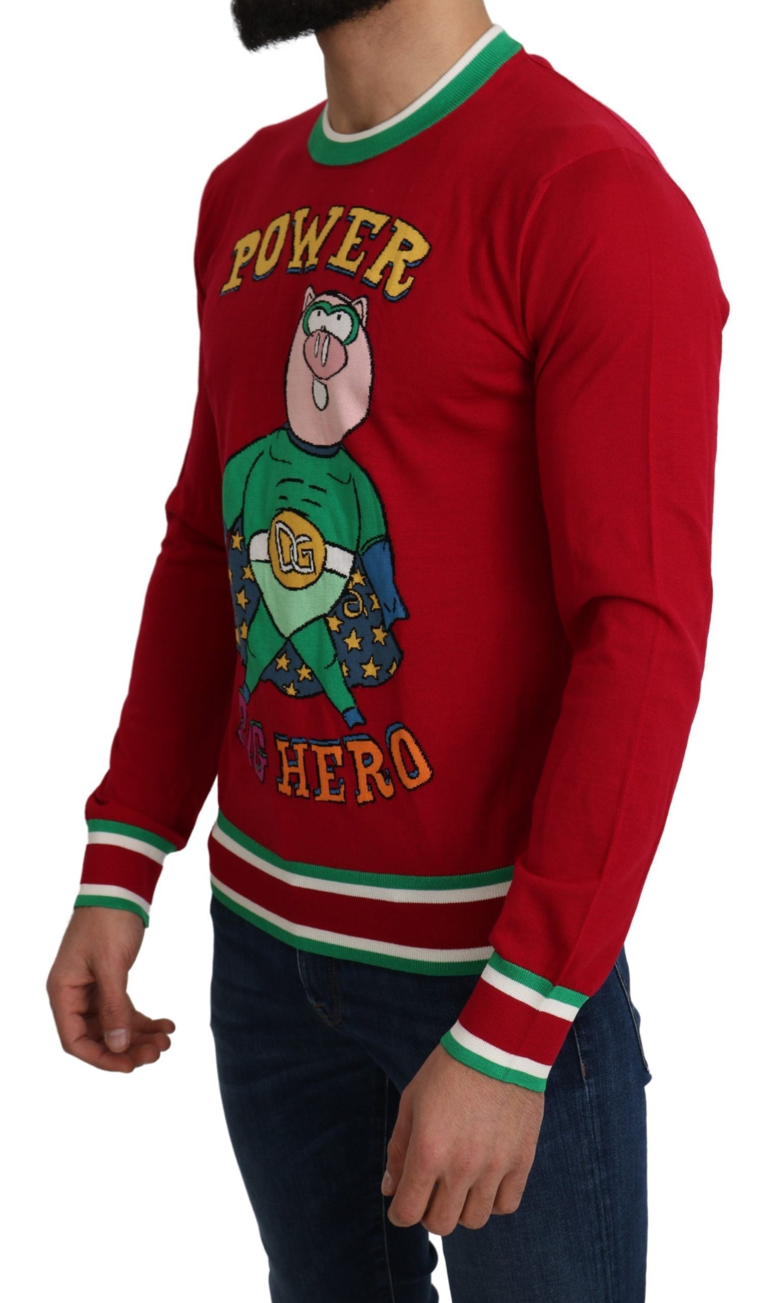 Red wool and silk sweater featuring a pig motif from Dolce & Gabbana's Pig of the Year collection.