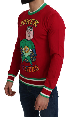 Red wool and silk sweater featuring a pig motif from Dolce & Gabbana's Pig of the Year collection.