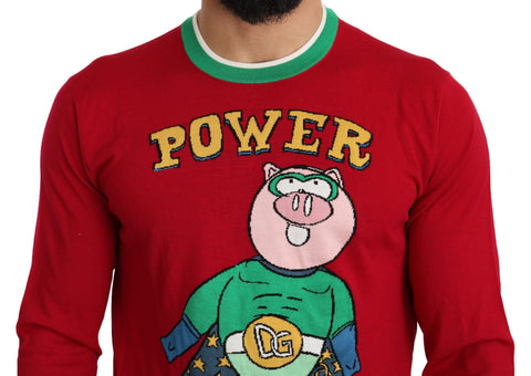 Red wool and silk Dolce & Gabbana Pig of the Year sweater with embroidered pig design and ribbed cuffs.