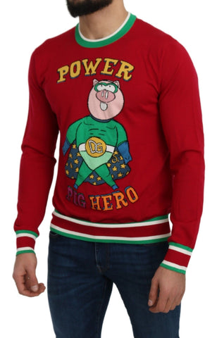 Red wool silk pig sweater by Dolce & Gabbana featuring intricate embroidery and a cozy, stylish fit.