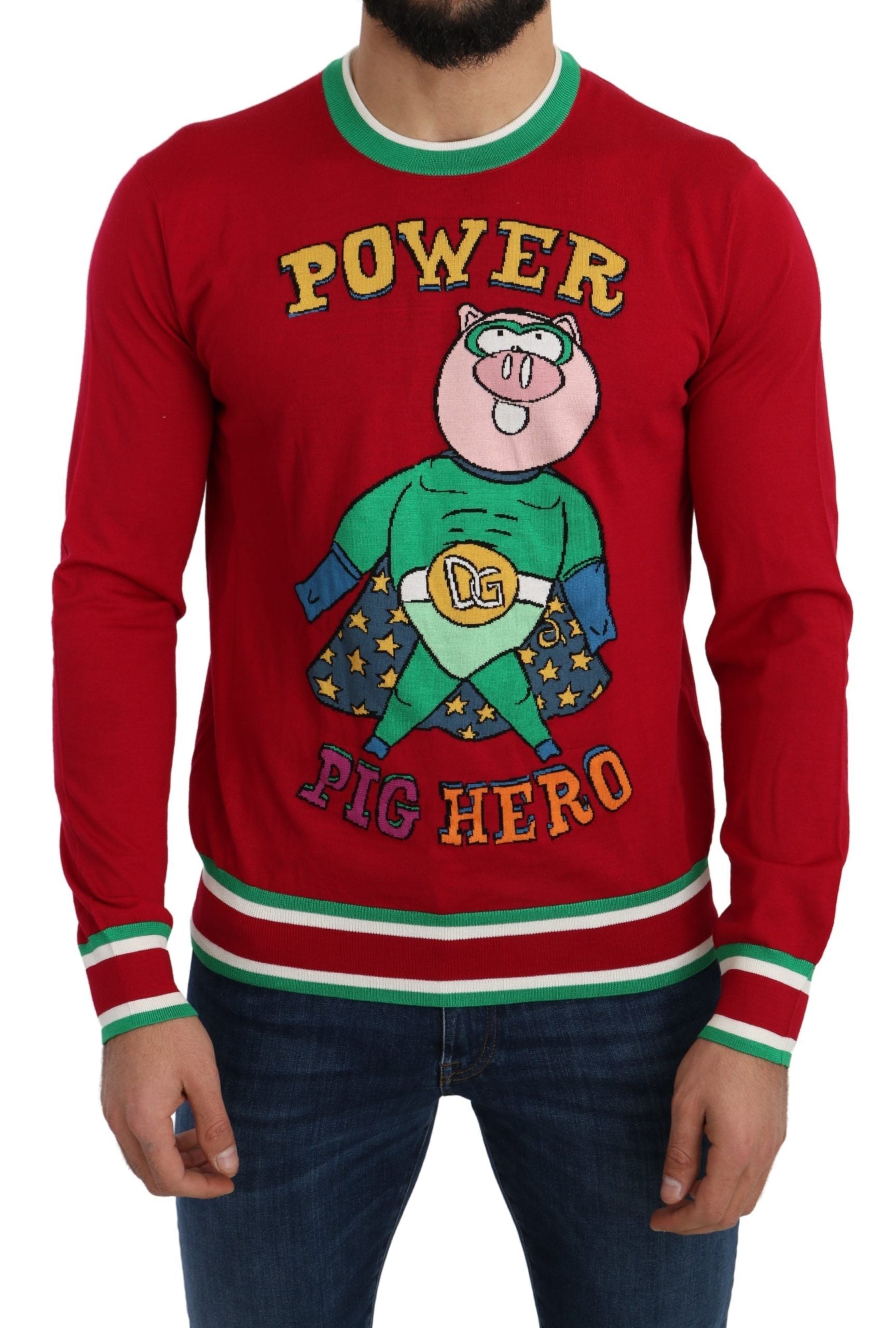 Red wool silk pig-themed sweater by Dolce & Gabbana featuring detailed embroidery and a cozy fit.