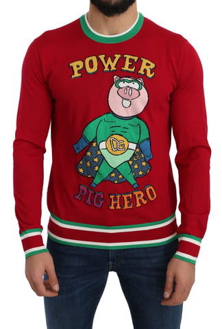 Red wool silk pig-themed sweater by Dolce & Gabbana featuring detailed embroidery and a cozy fit.